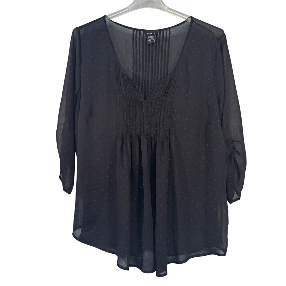 Torrid Womens Size 3 Black Sheer V-Neck Top With 3/4 Sleeves  Blue Polka Dots